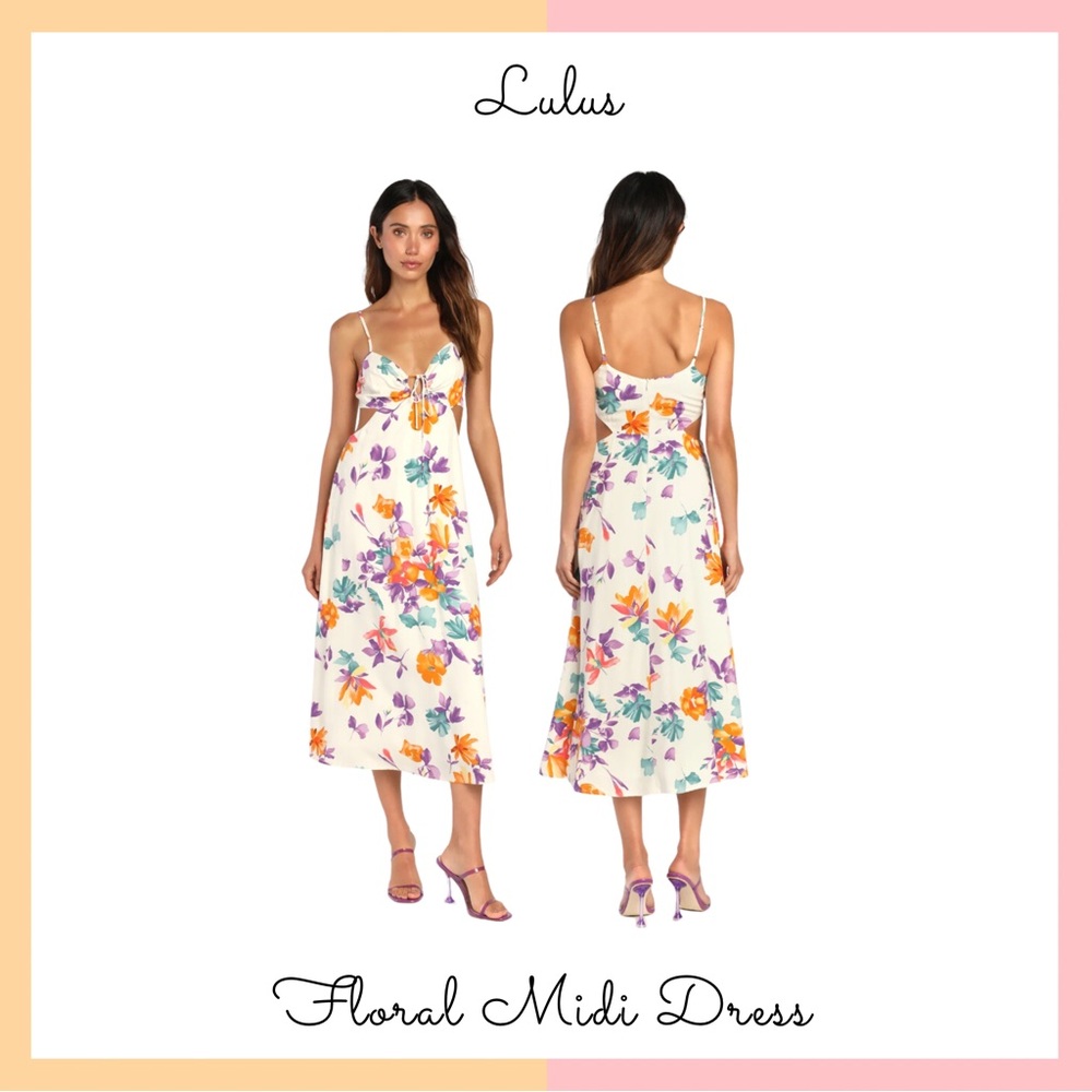Lulus White Floral Midi CutOut Dress w/ Orange and Purple Flowers Size L